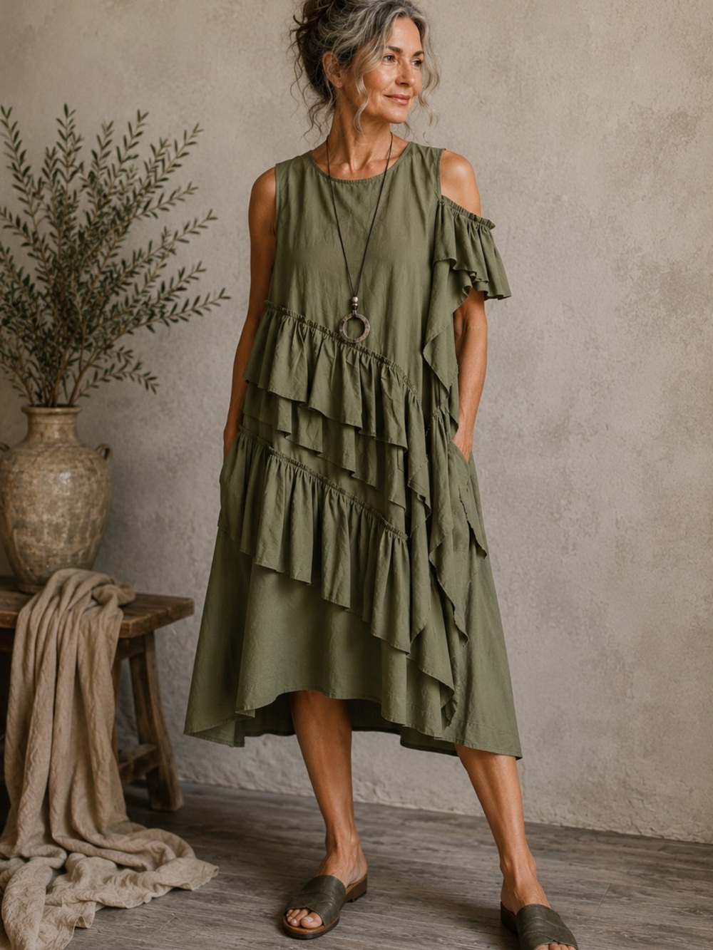 Semicouture Italy Olive Green Asymmetrical Ruffle Cold Shoulder Dress IT 40